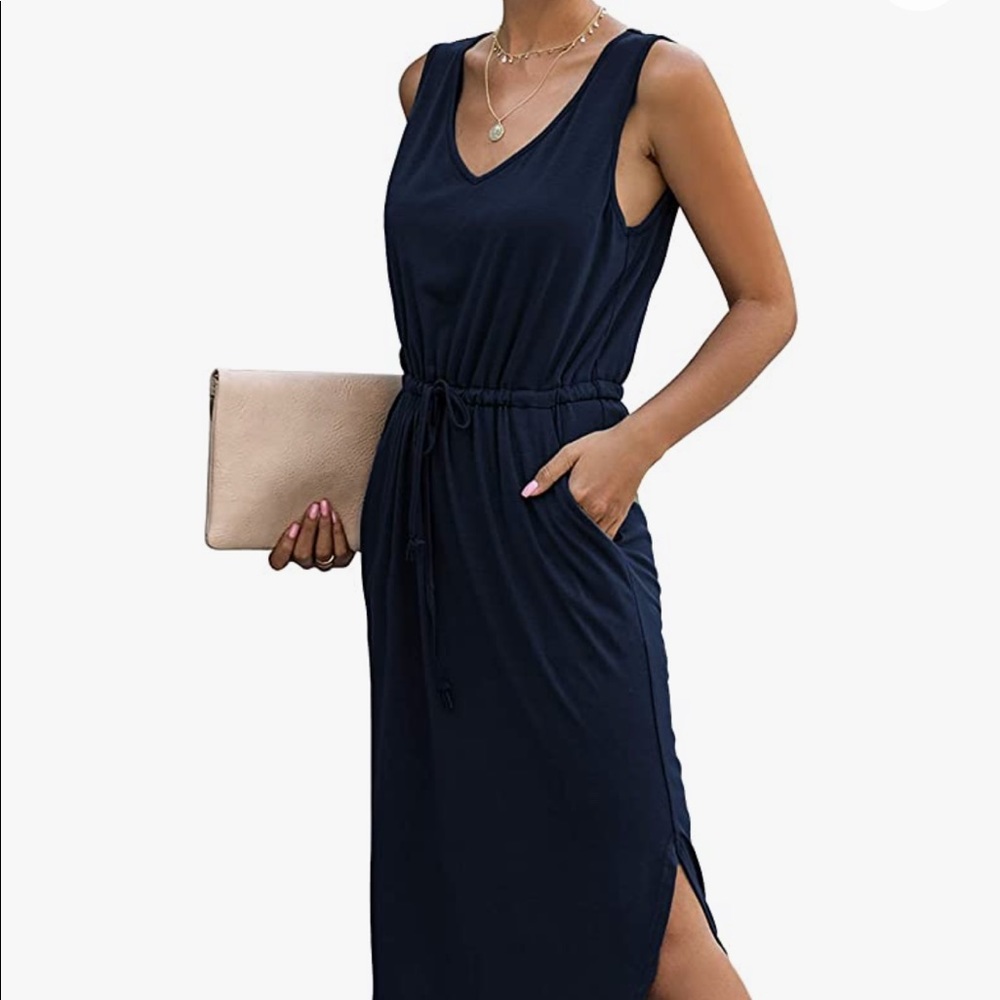 Navy Tie Waist Tank Dress